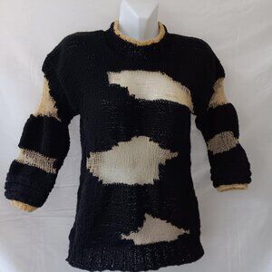 Women's sweater size M L black gold wool acrylic handmade